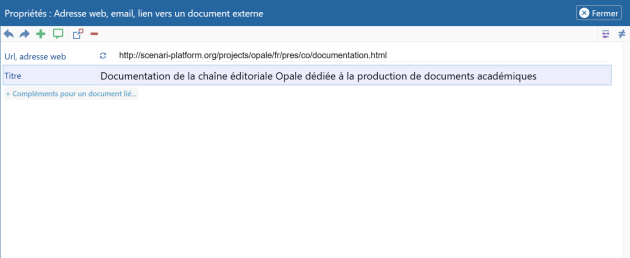 Fenêtre de création d'un lien web (titre)