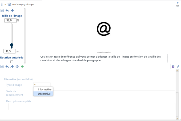Option « type d'image : Décorative  » dans les métadonnées d'une image